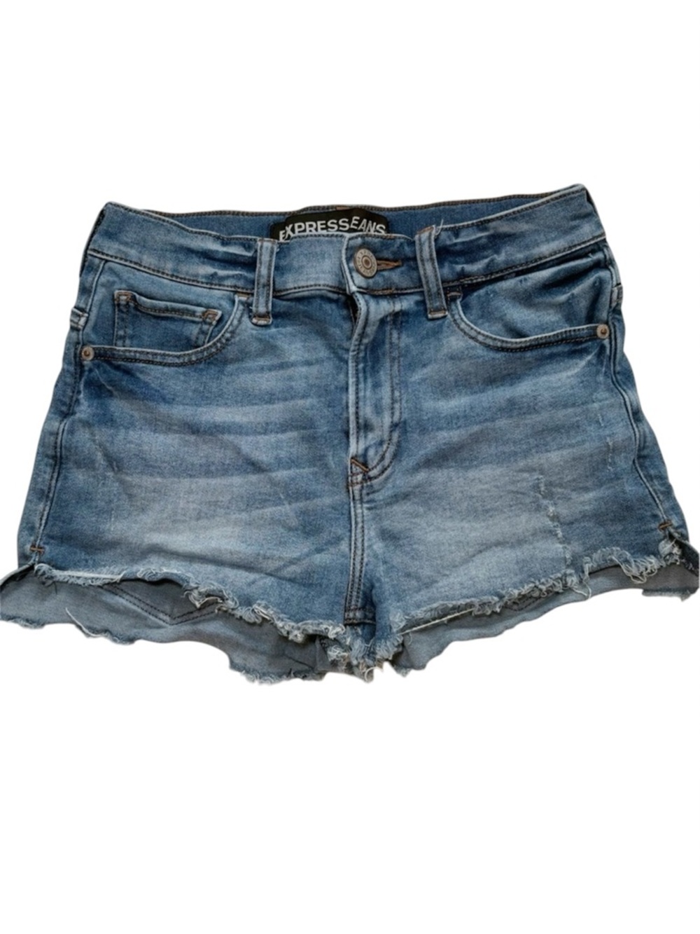 EXPRESS High Rise Distressed Denim Shorts Raw Hem Cutoff Blue Size 2 Stretch